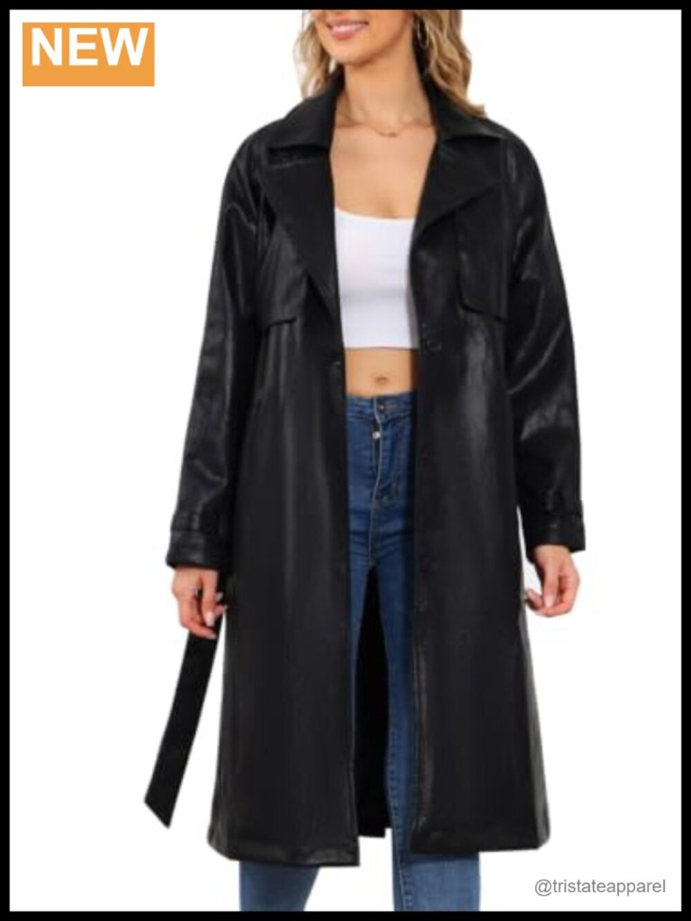 Women's Faux Leather Trench Coat Belted Mid-Long Overcoat Lapel Collar Winter